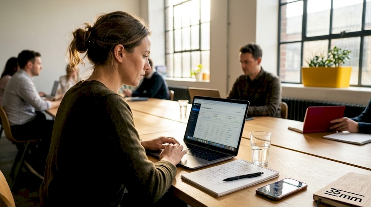 Woman analyzes ad campaign AI dashboard