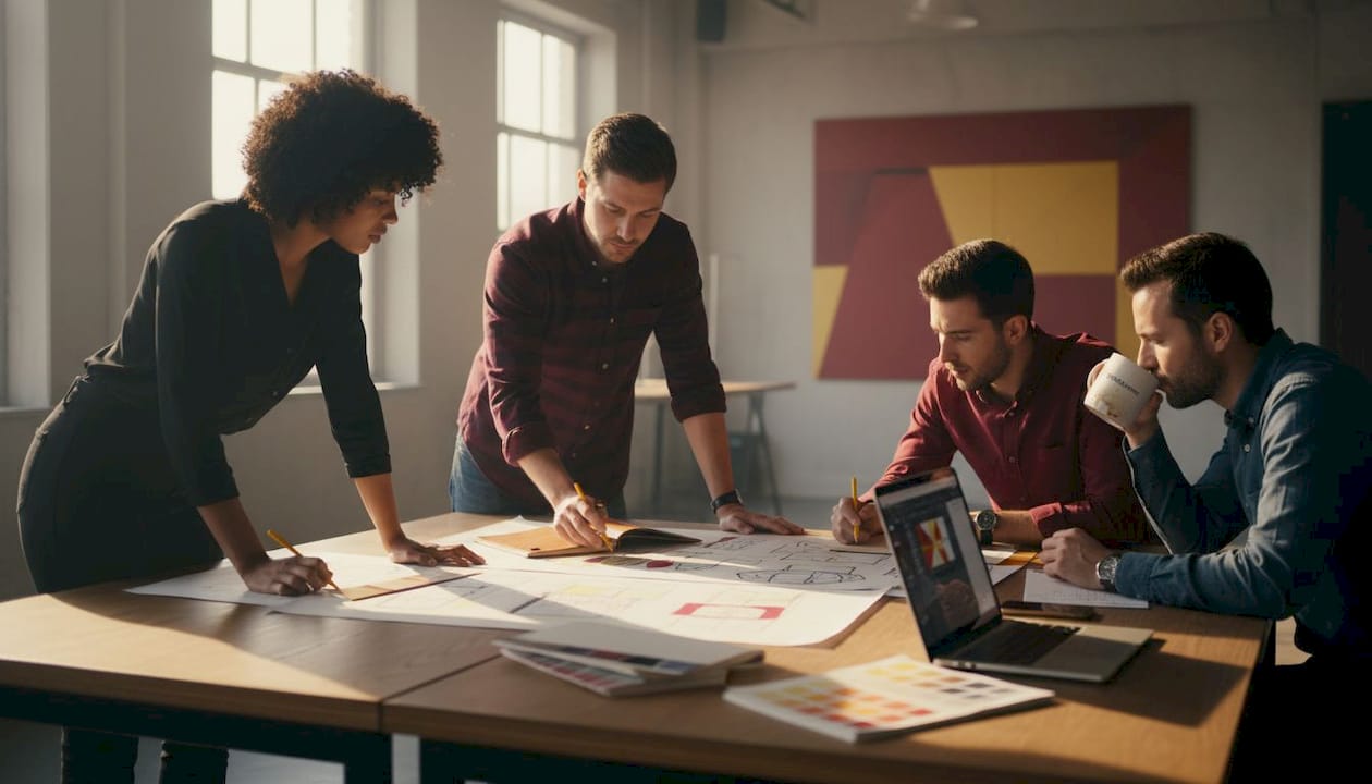 Design studio team collaborating at large table