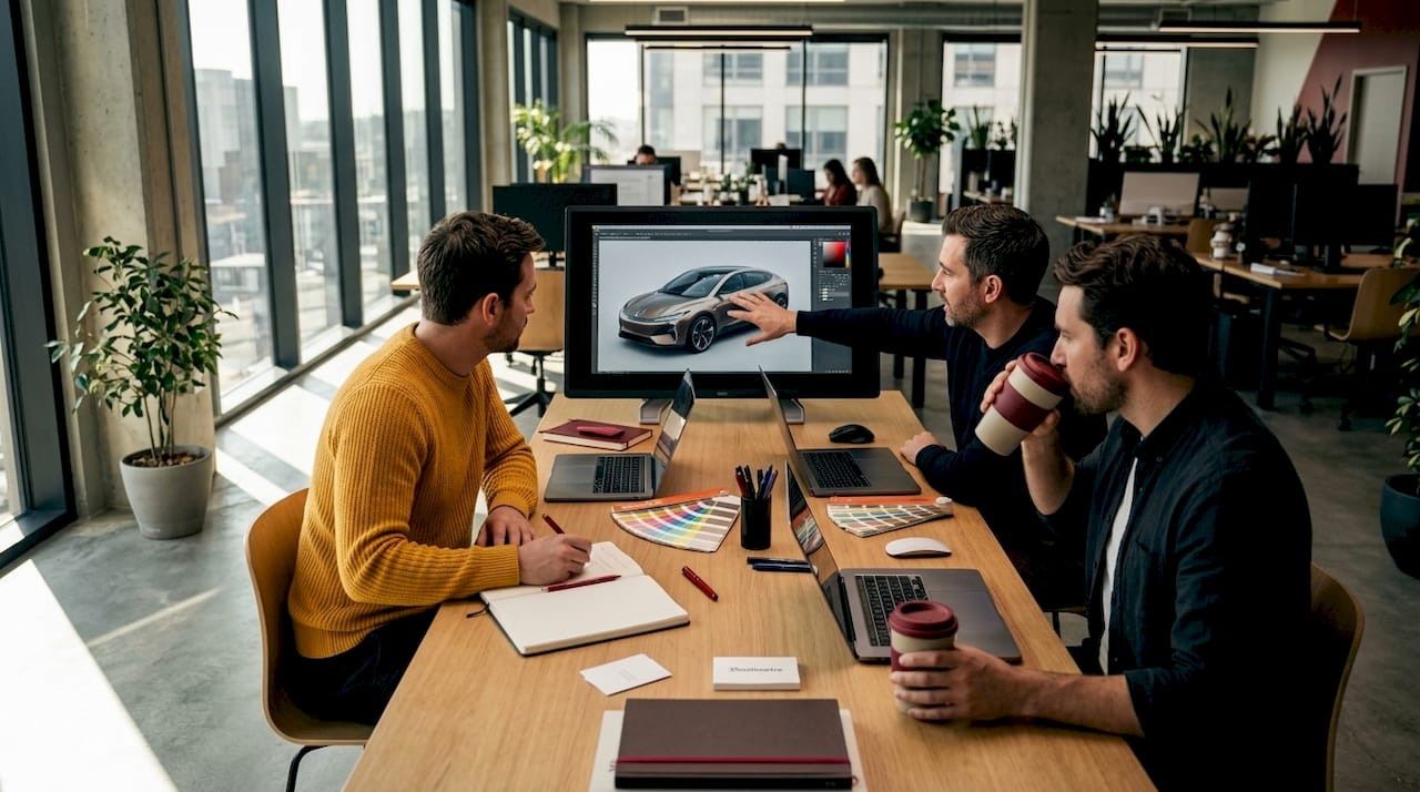 Designers reviewing 3D car model in office