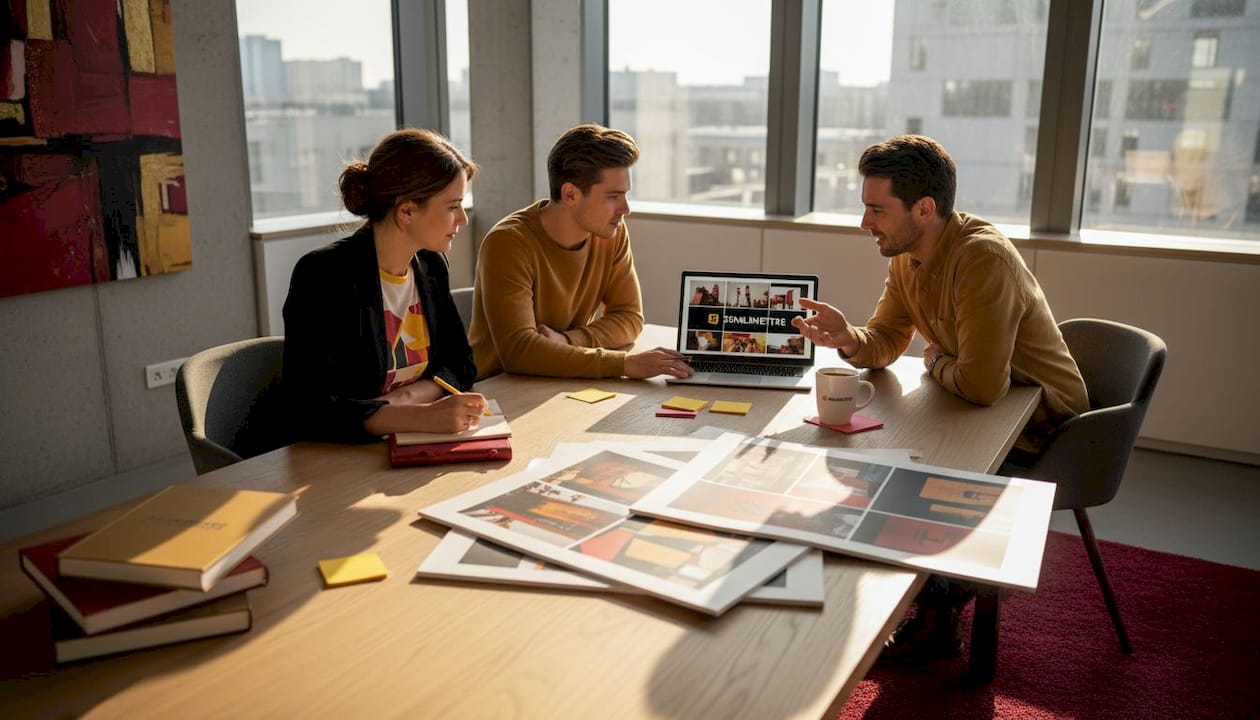 Creative team collaborating around meeting table