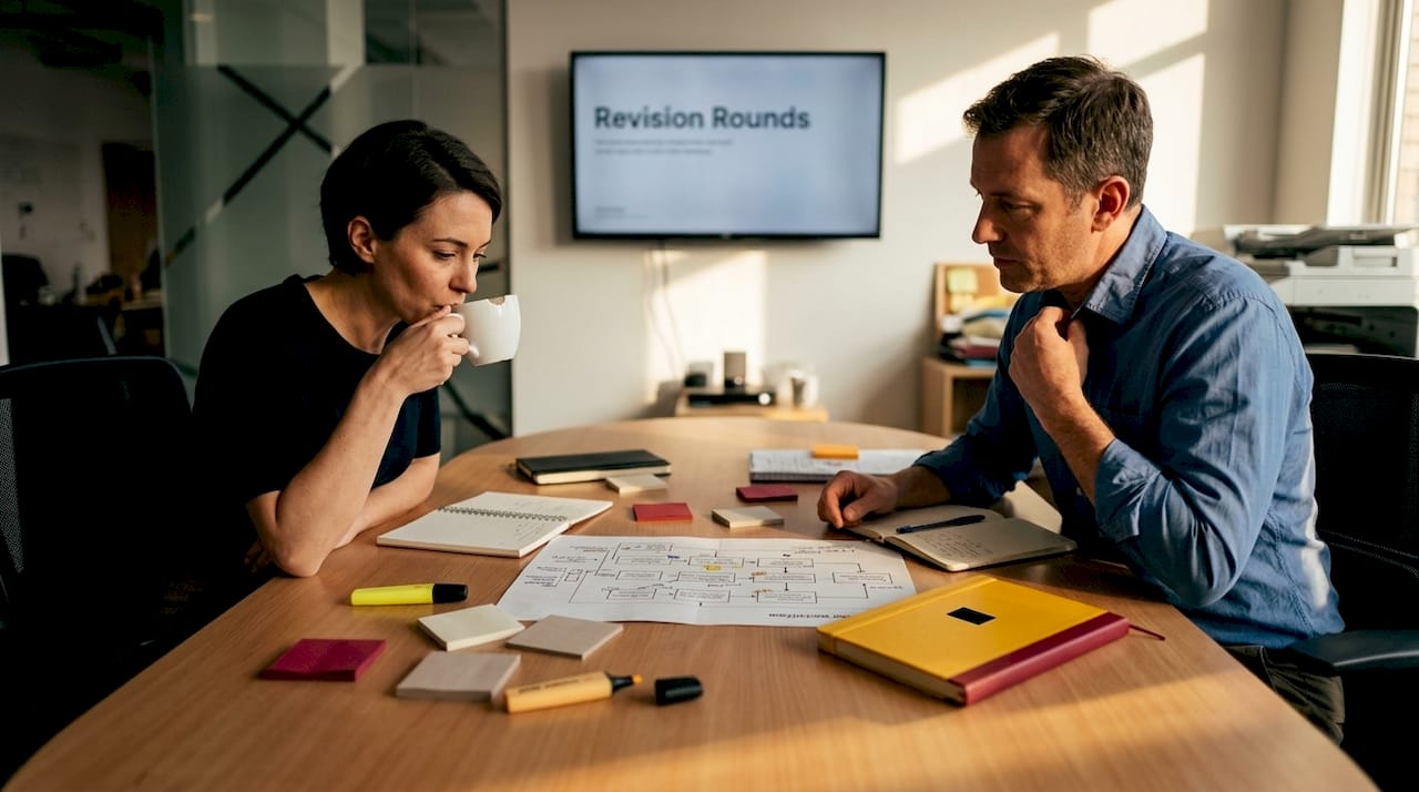 Team discusses revisions in visual content workflow