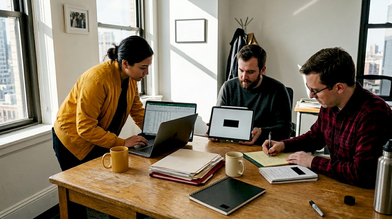 Startup team reviewing content workflow documents