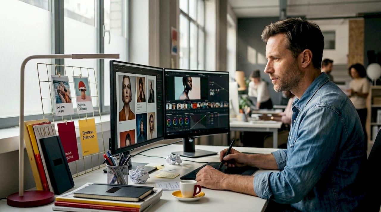 Director editing campaign images at workstation