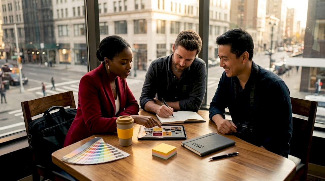 Marketing team collaborating around large table