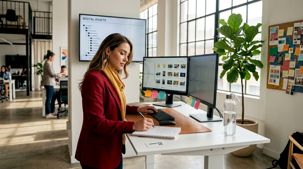 Woman organizing assets at dual-monitor office desk