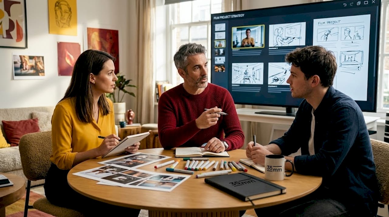 Creative team planning visual storyboard at meeting table