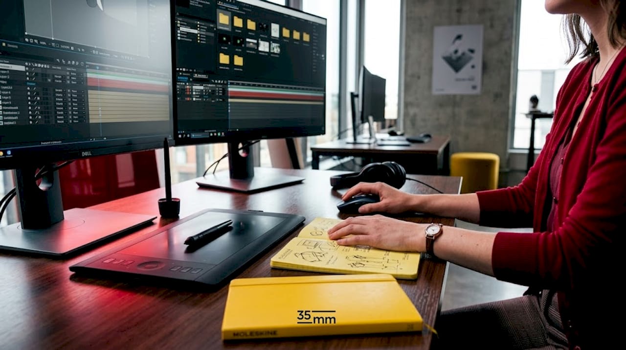 Digital designer animating campaign at workstation