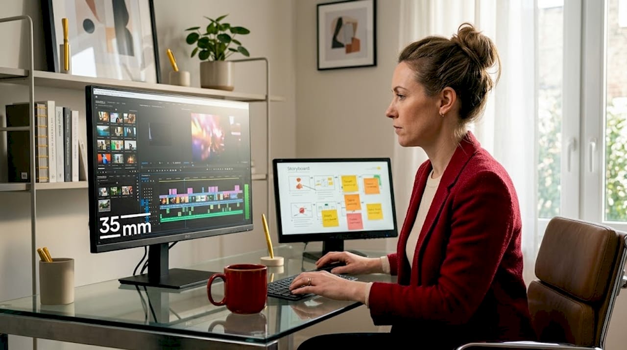 Content strategist edits video in sunlit workspace