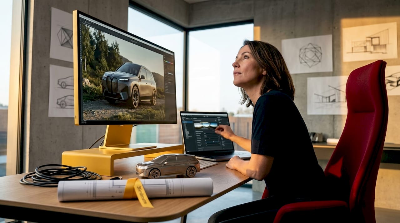 Visualization artist refining 3D automotive render