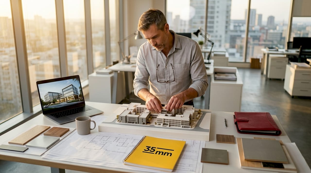Architect reviewing physical and digital renderings