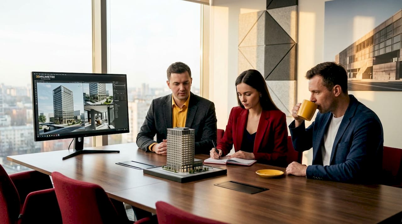 Team reviewing commercial renderings in office