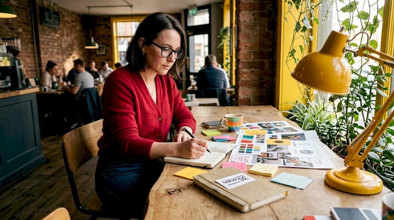 Creative director reviewing brand imagery at workspace