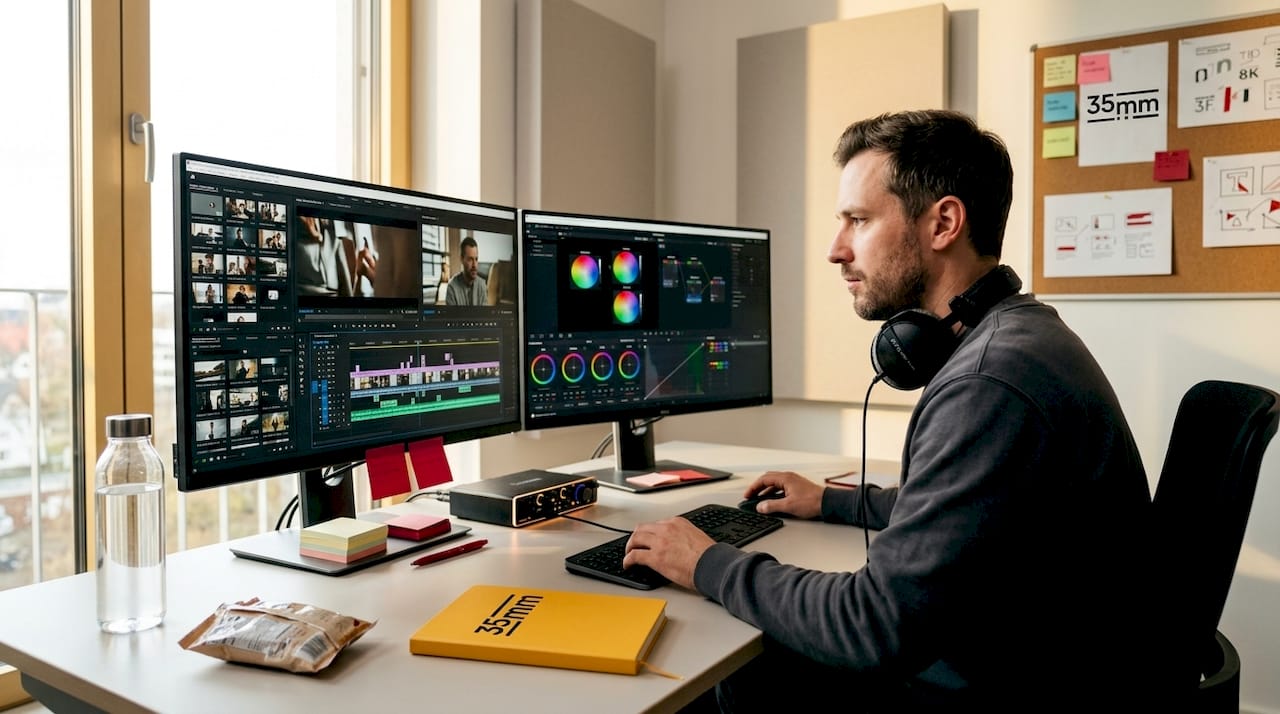 Editor working at video timeline in post studio
