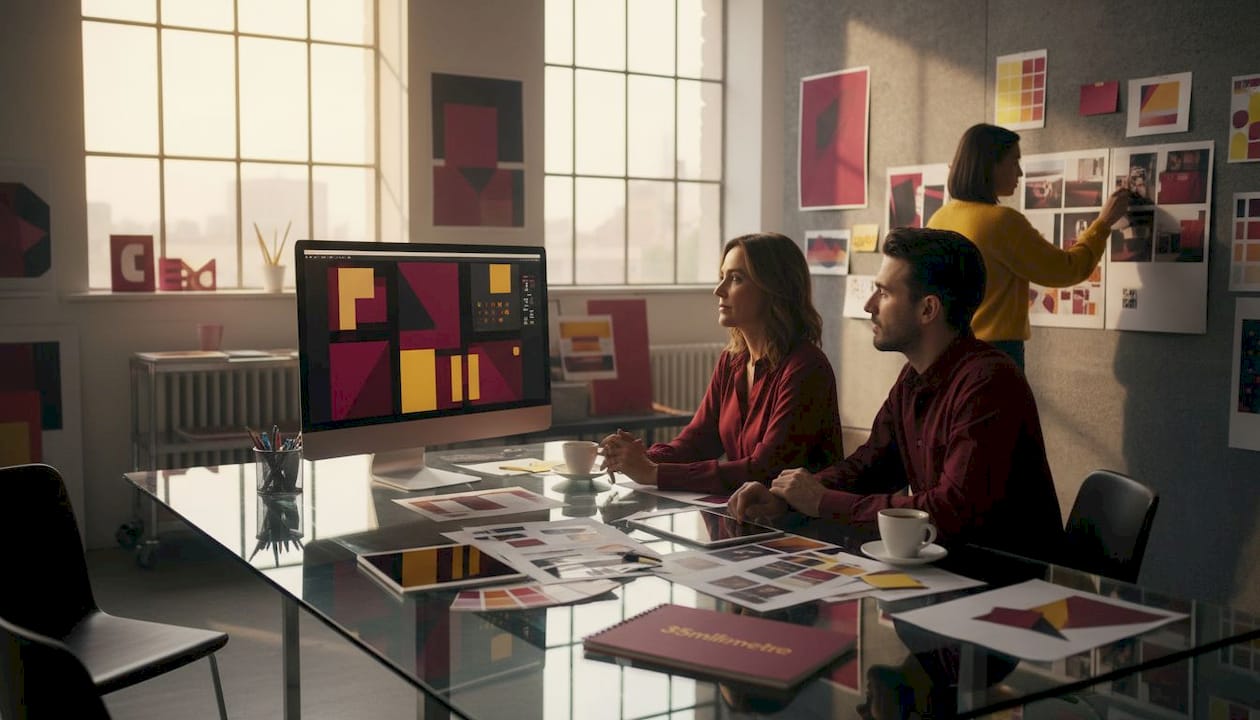 Creative studio team reviewing AI-driven project