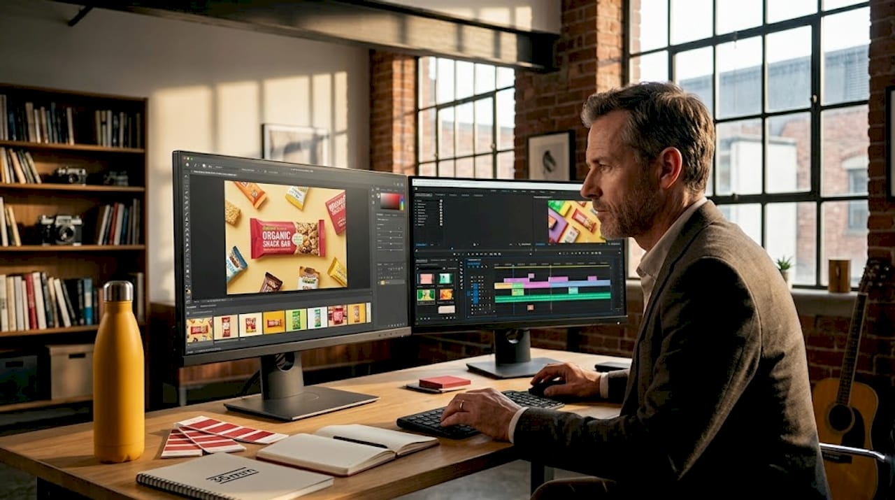 Editor reviewing product images in studio