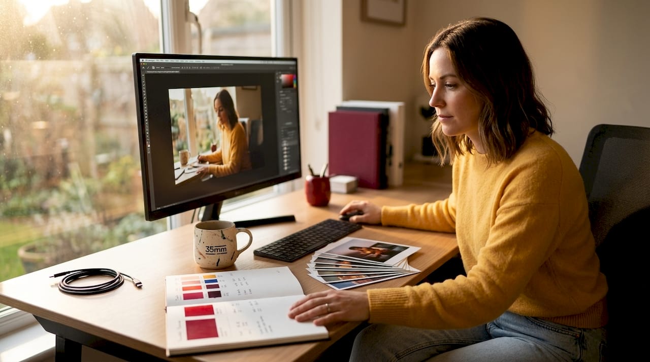 Designer reviewing images at open workspace desk