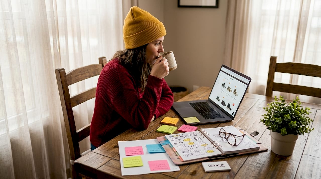 Woman browsing e-commerce site at dining table