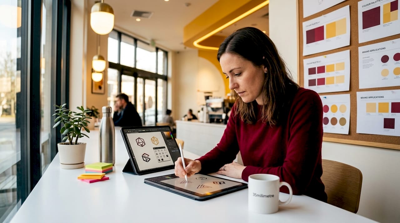 Designer sketching tech brand concepts at desk