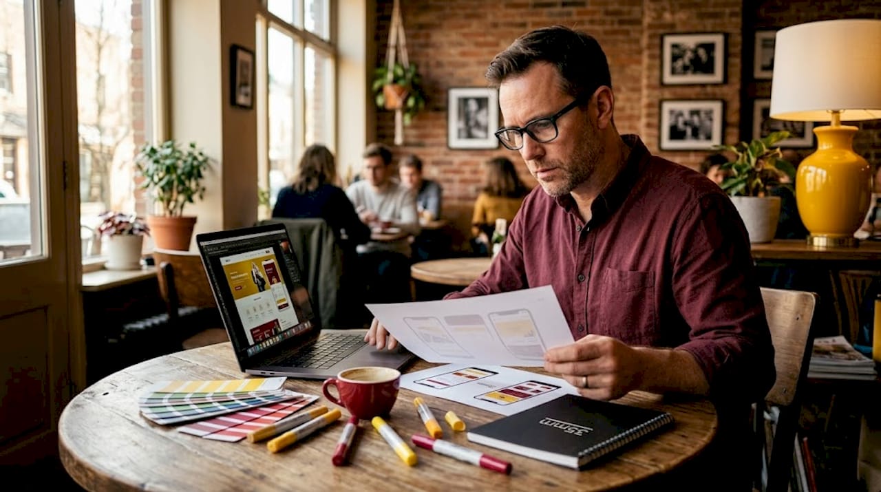 Brand manager reviewing UI screenshots and colors