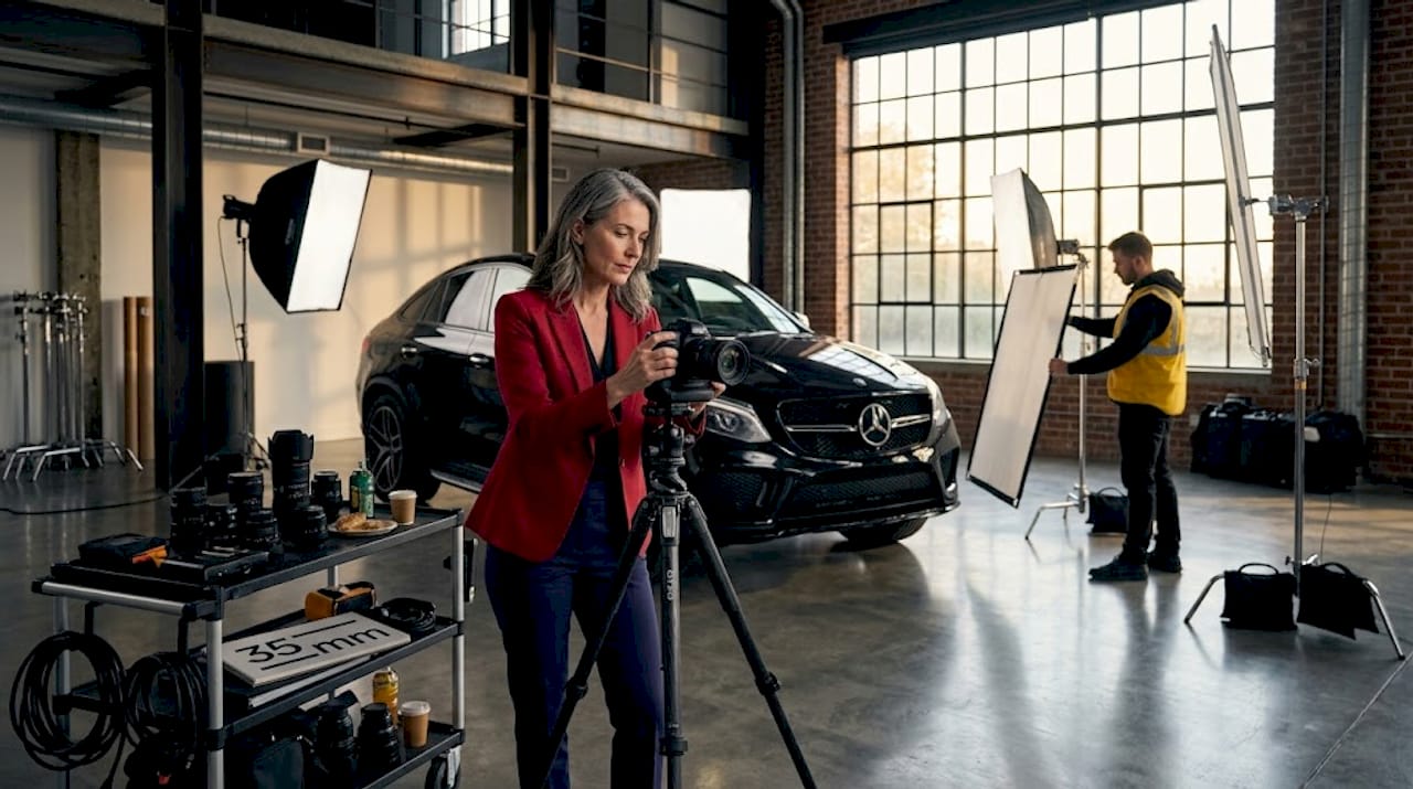 Photographer with SUV and assistant in auto studio