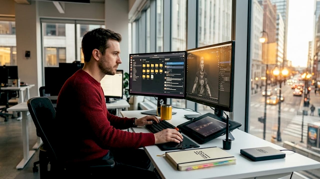 3D artist working at apartment desk