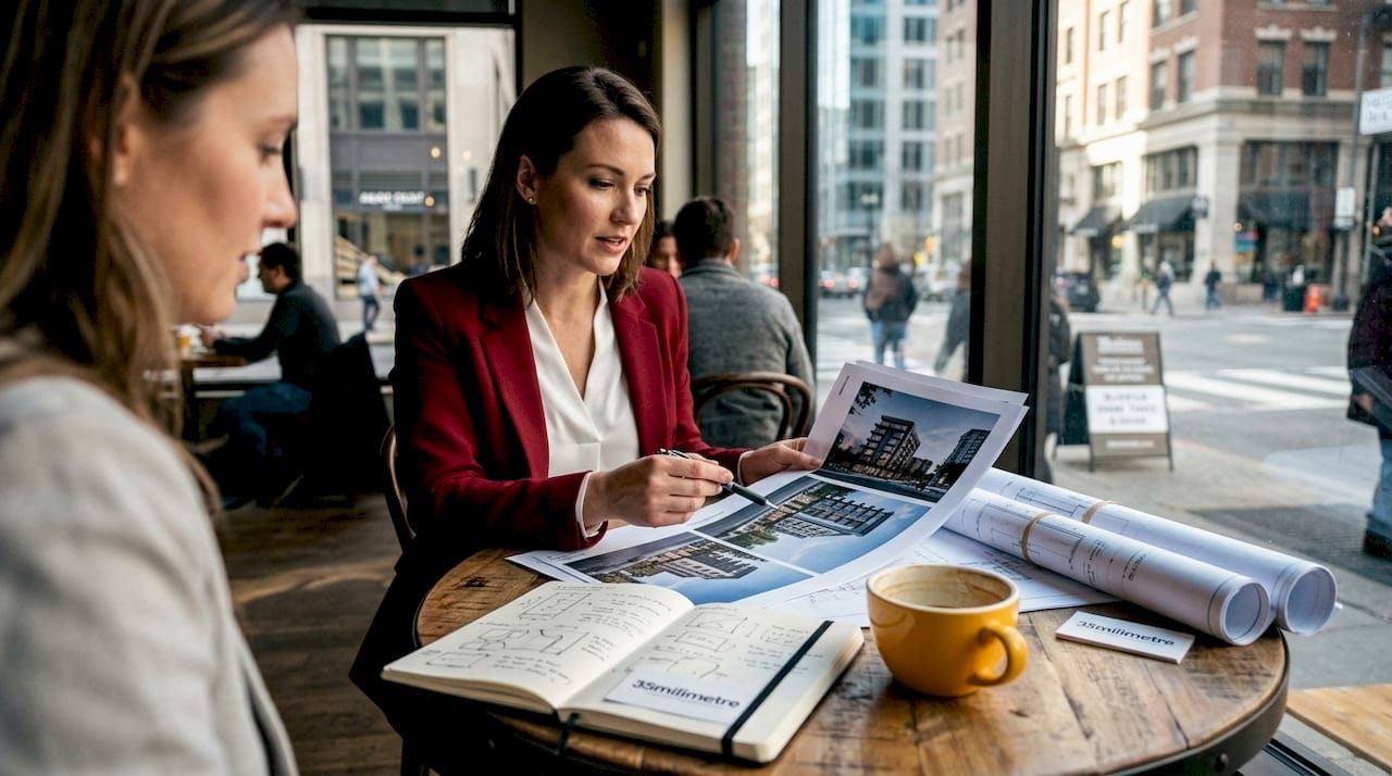 Architect reviewing 3D render printouts in office