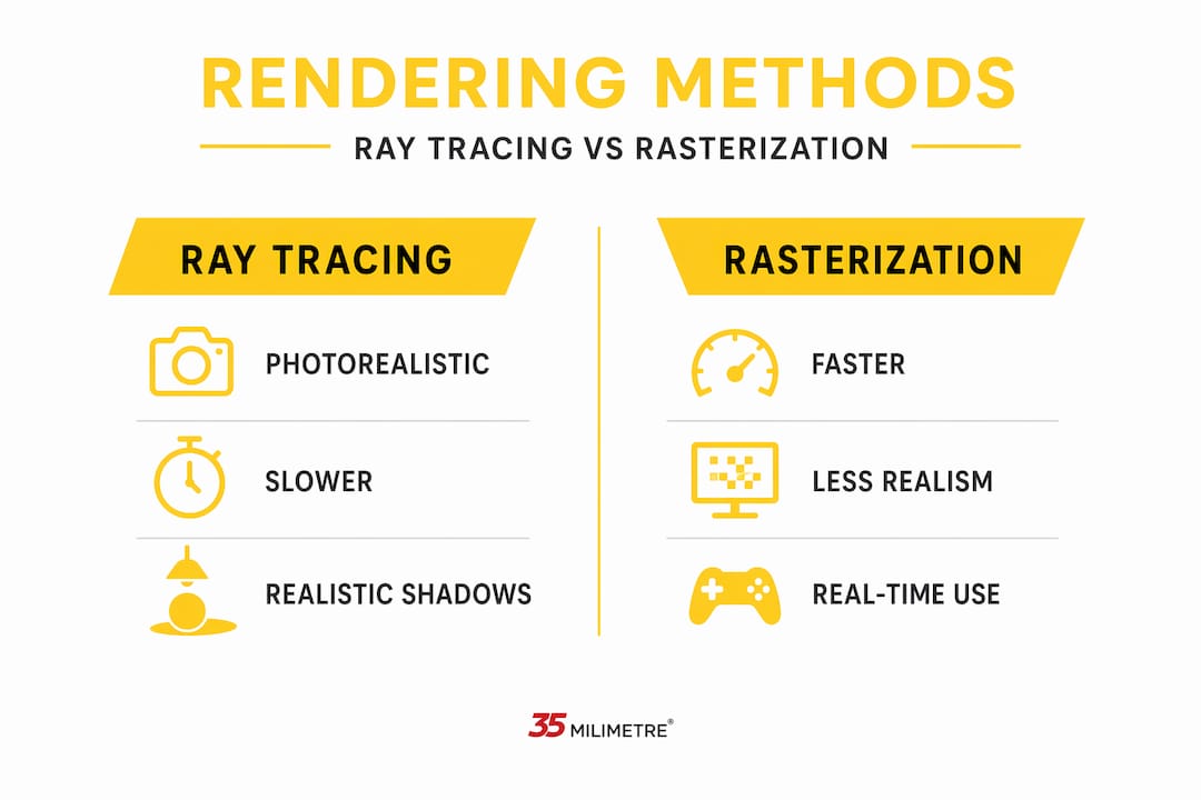 Infographic comparing ray tracing and rasterization methods in rendering