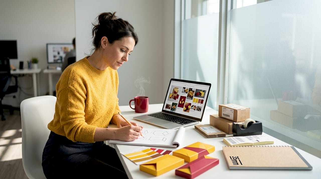 Designer sketches ecommerce packaging ideas at home office