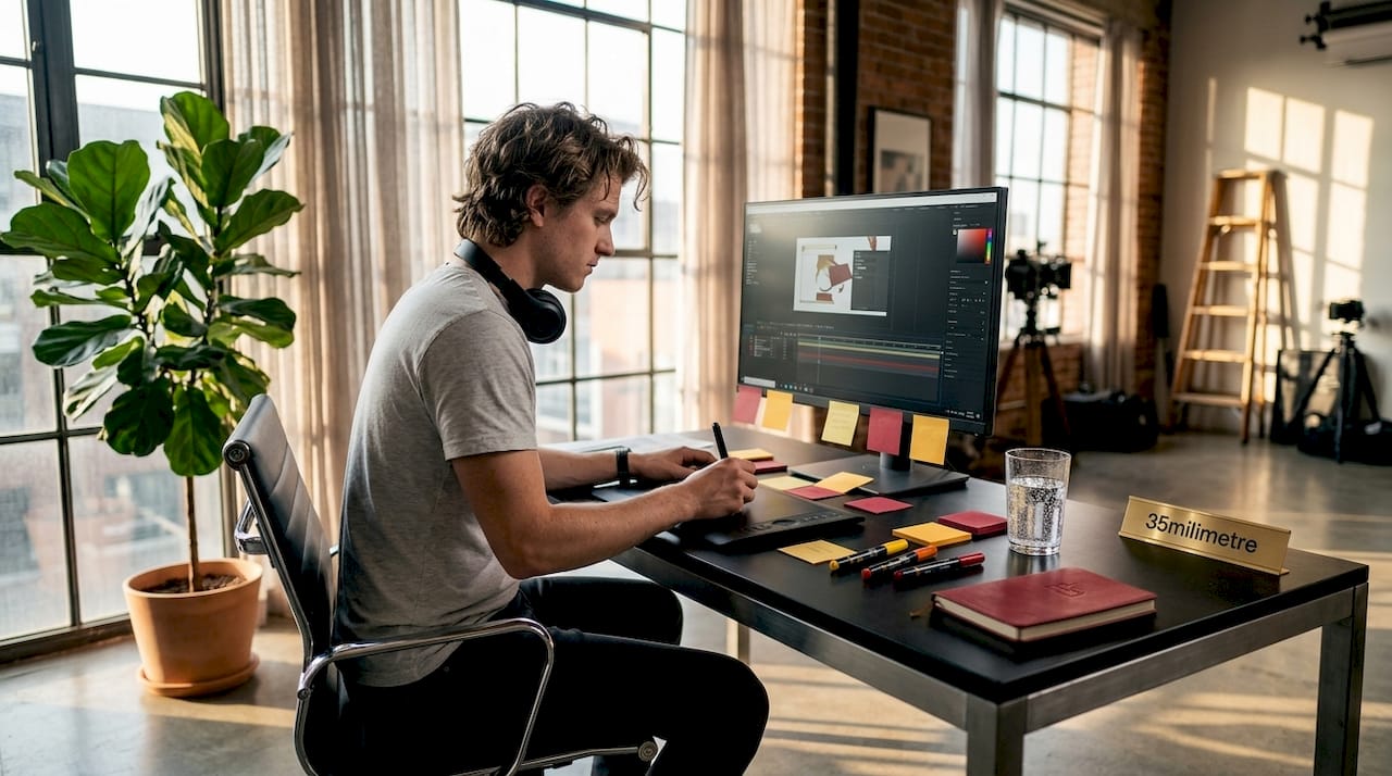 Motion designer animating at home studio desk