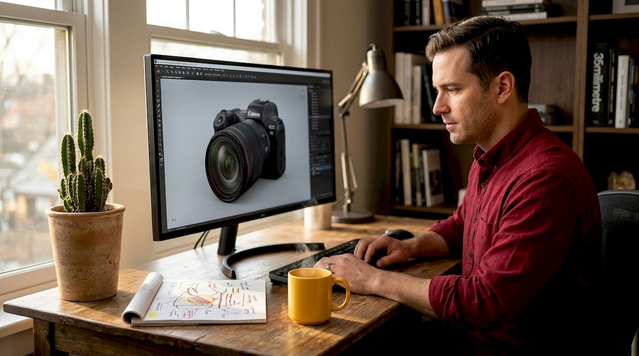 Marketer working on 3D product visualization on computer