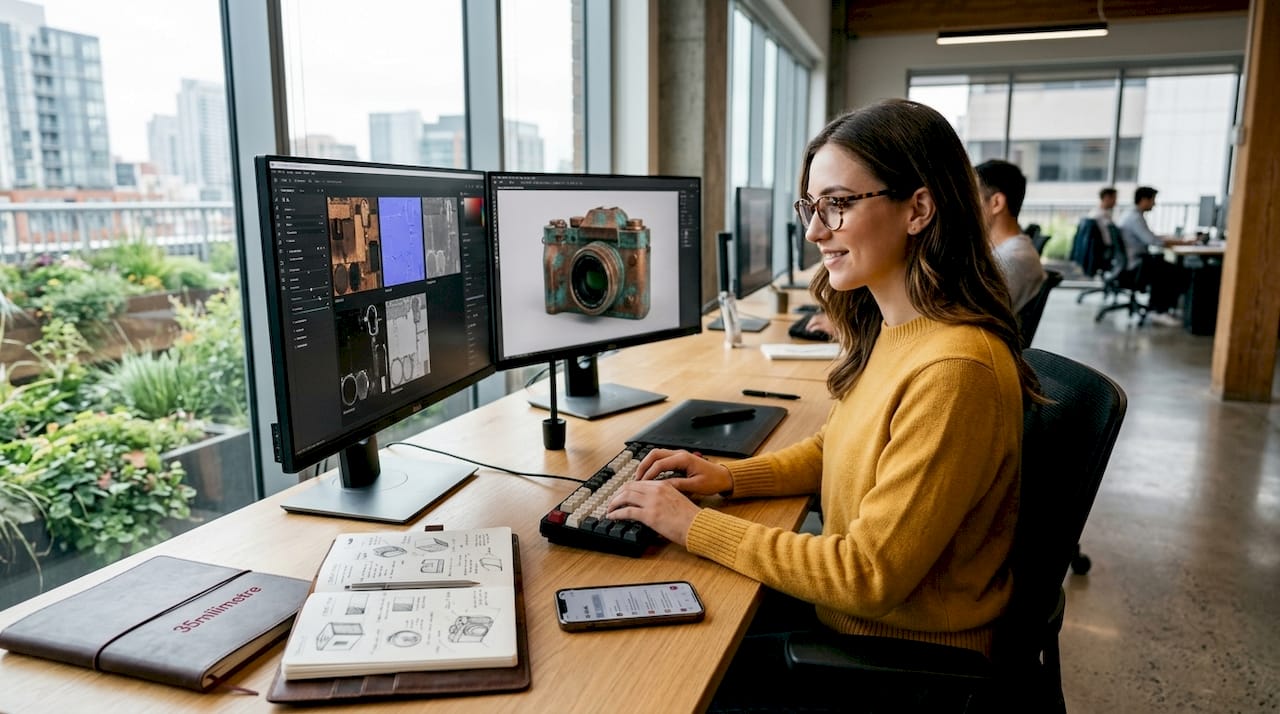 Designer adjusting product rendering with PBR software