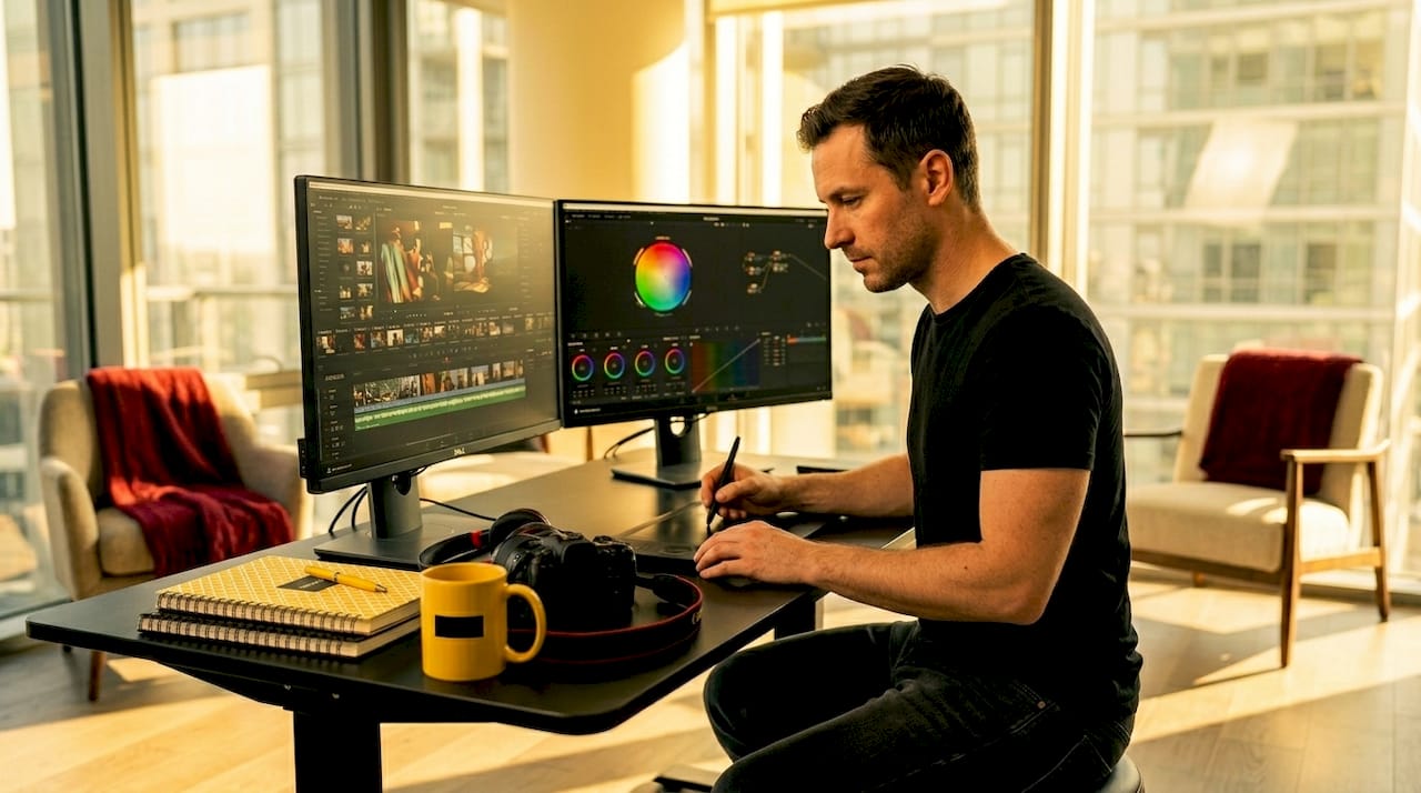 Video editor working on color grading at desk