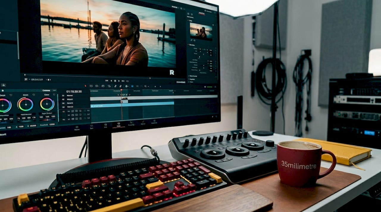 Monitor showing cinematic teal-orange color grade