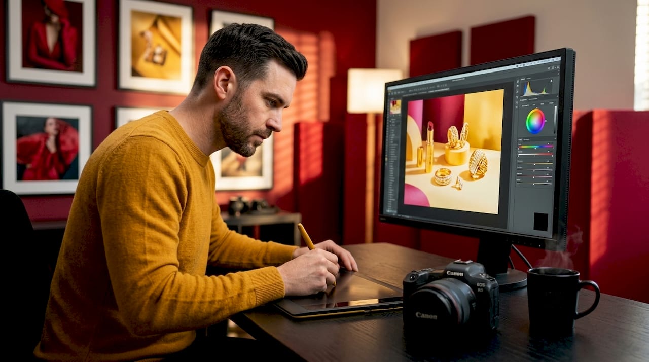 Commercial photographer editing photos in studio
