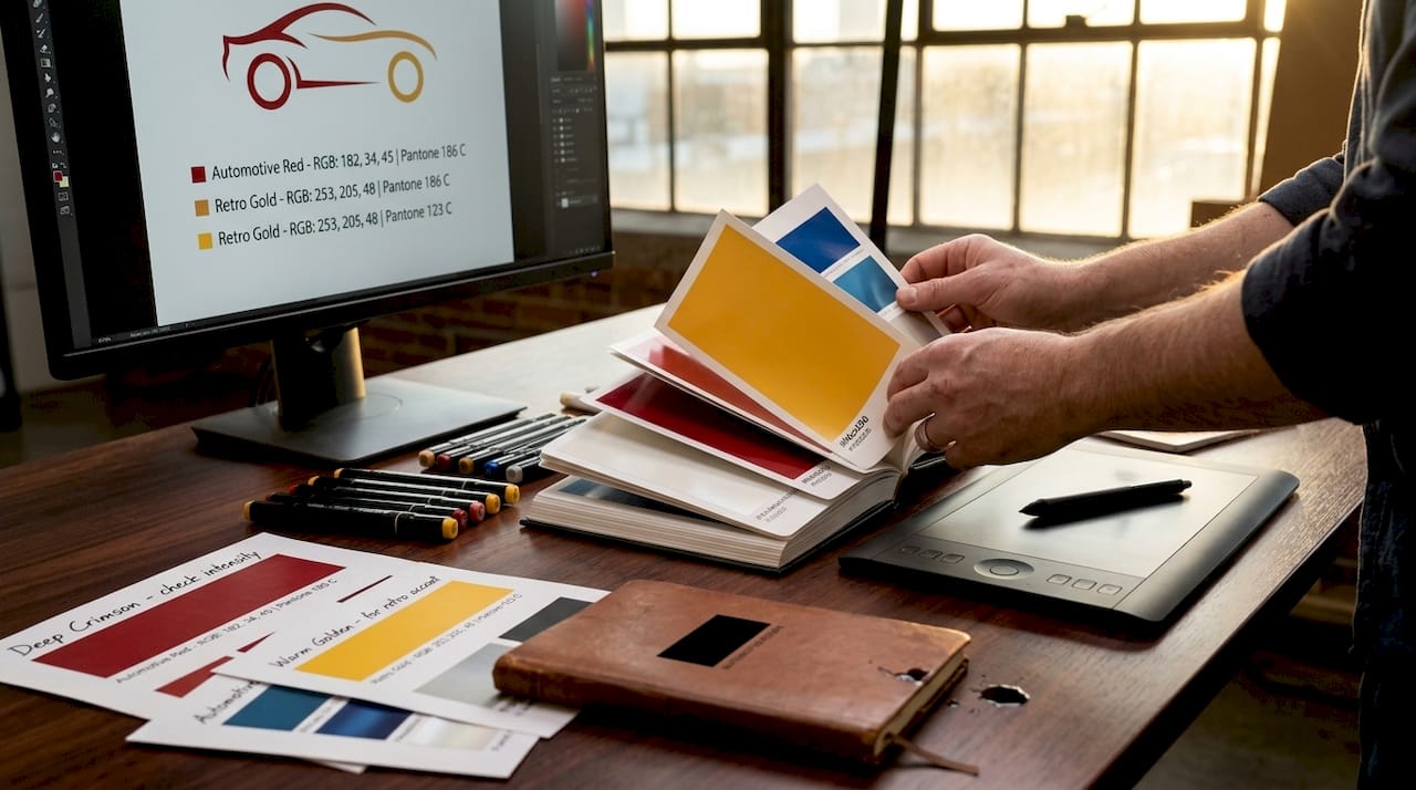 Hands holding detailed automotive color swatches
