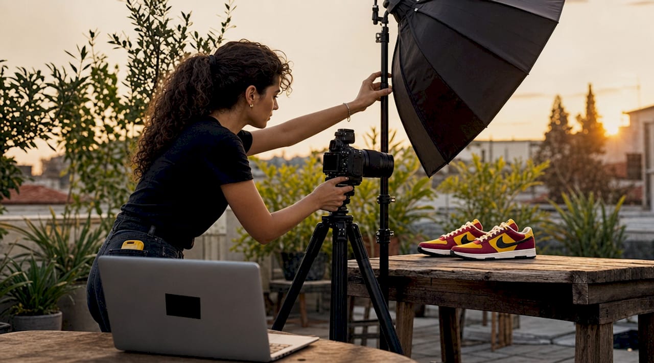 Photographer setting up product shoot in home studio