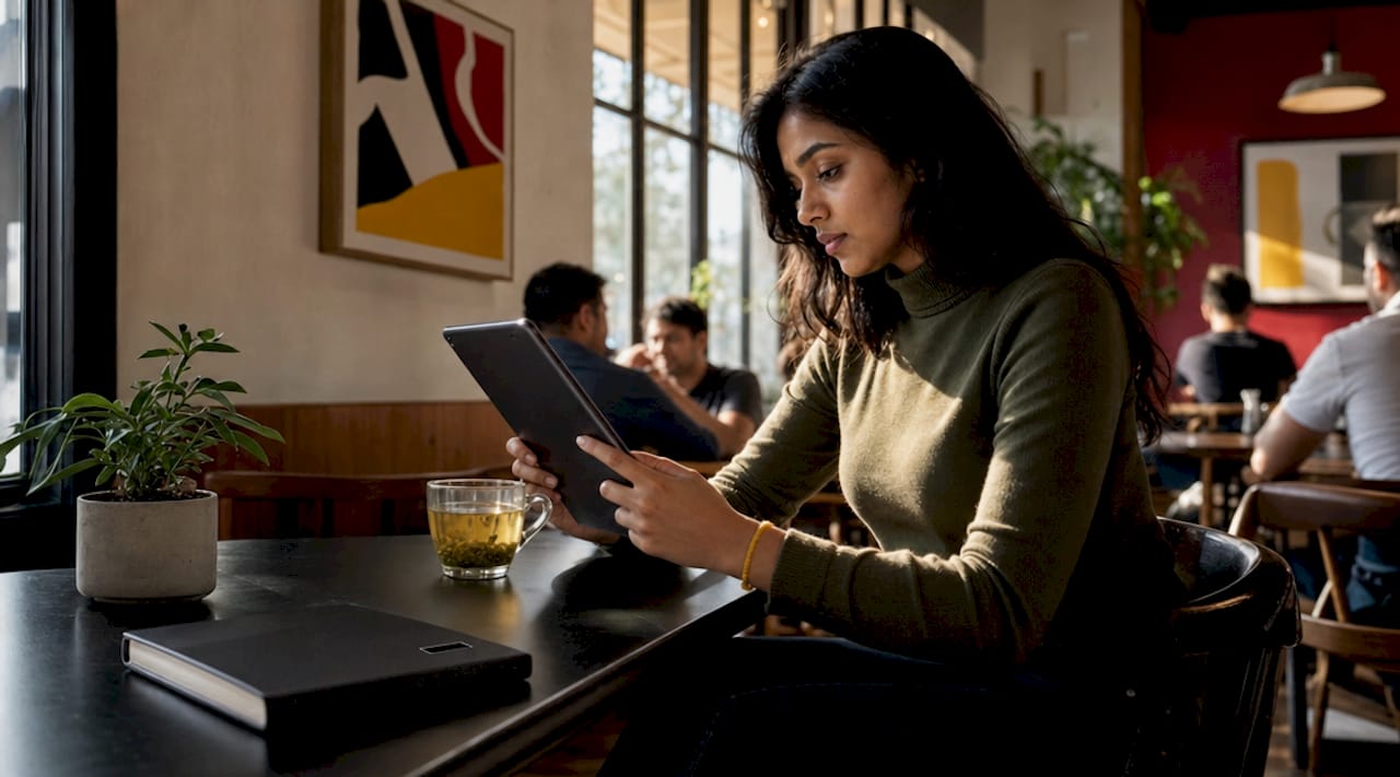 Marketer studying visual trend images on tablet