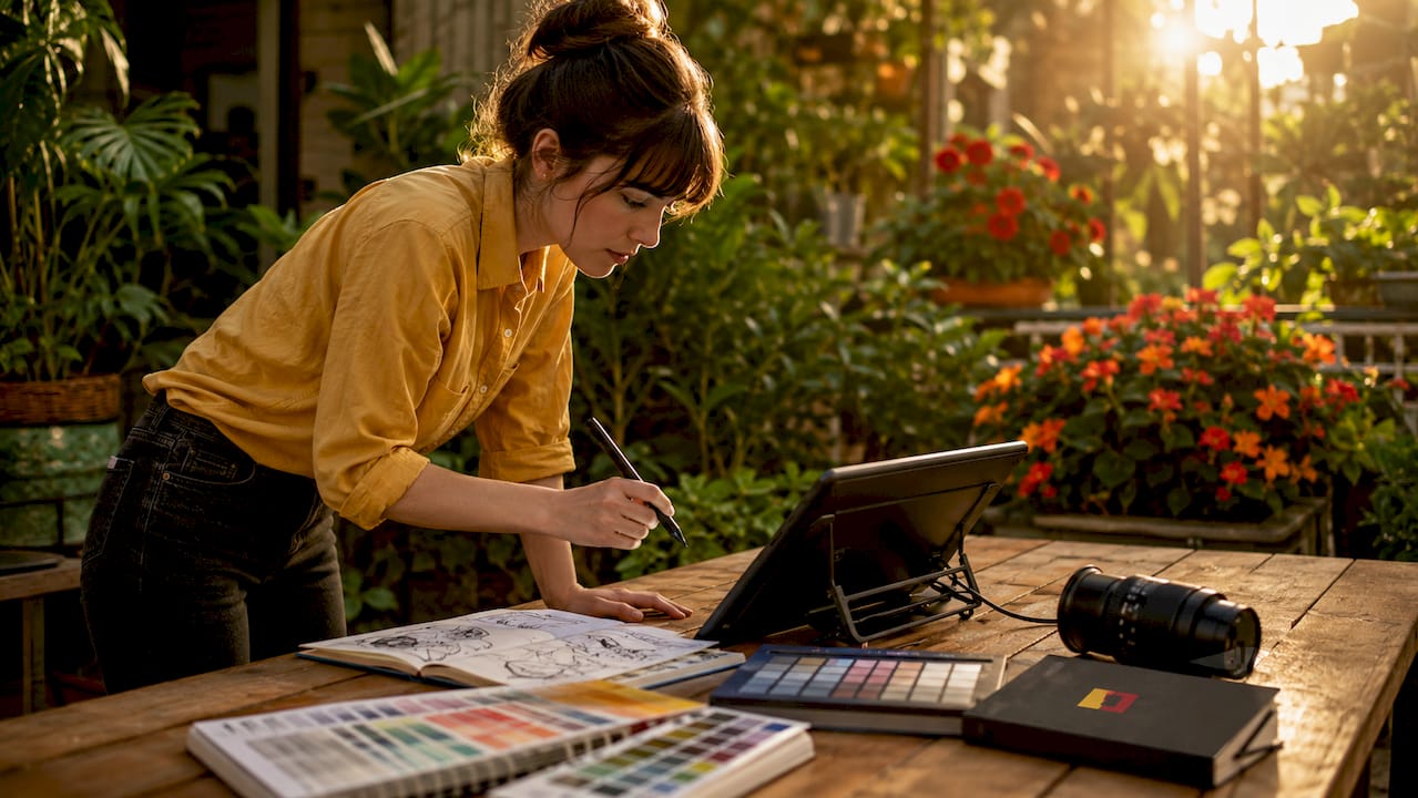 Creative professional editing digital image at desk
