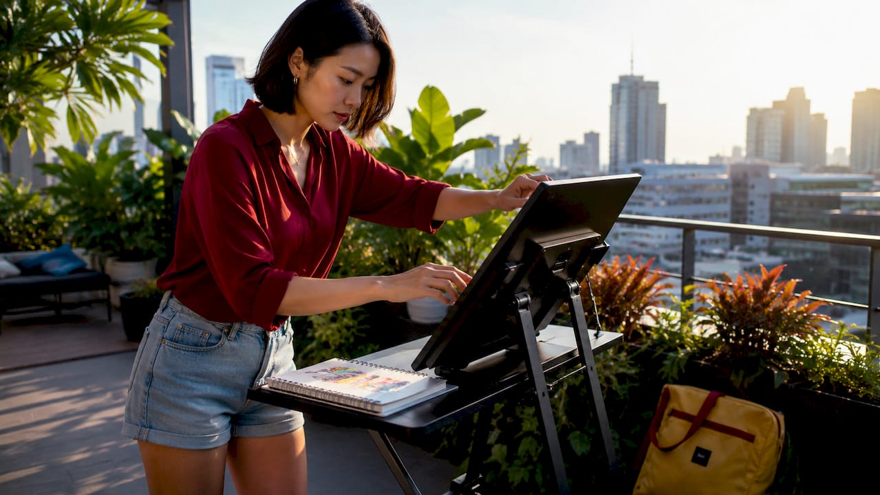 Woman working on AI image enhancement at desk