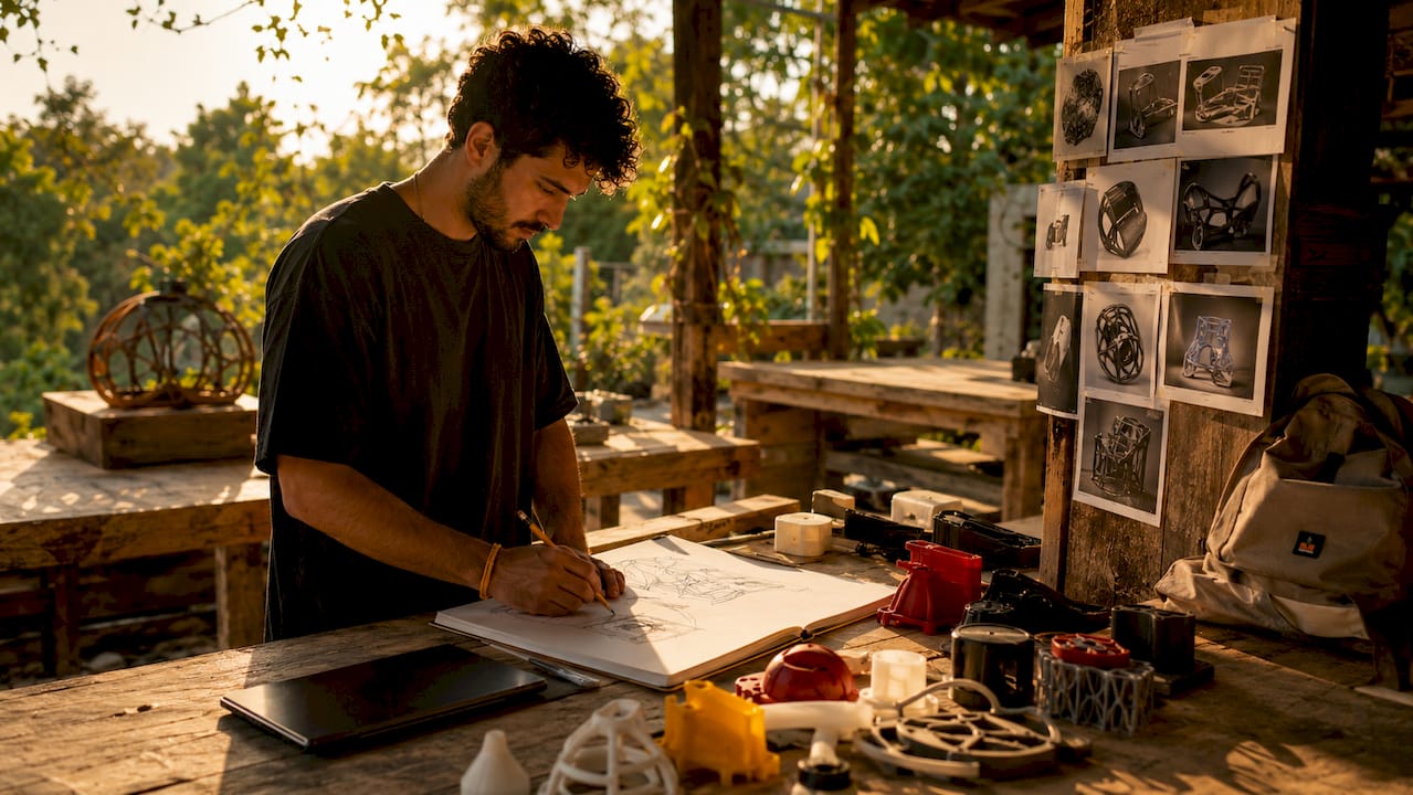 3D designer sketching prototypes in loft studio