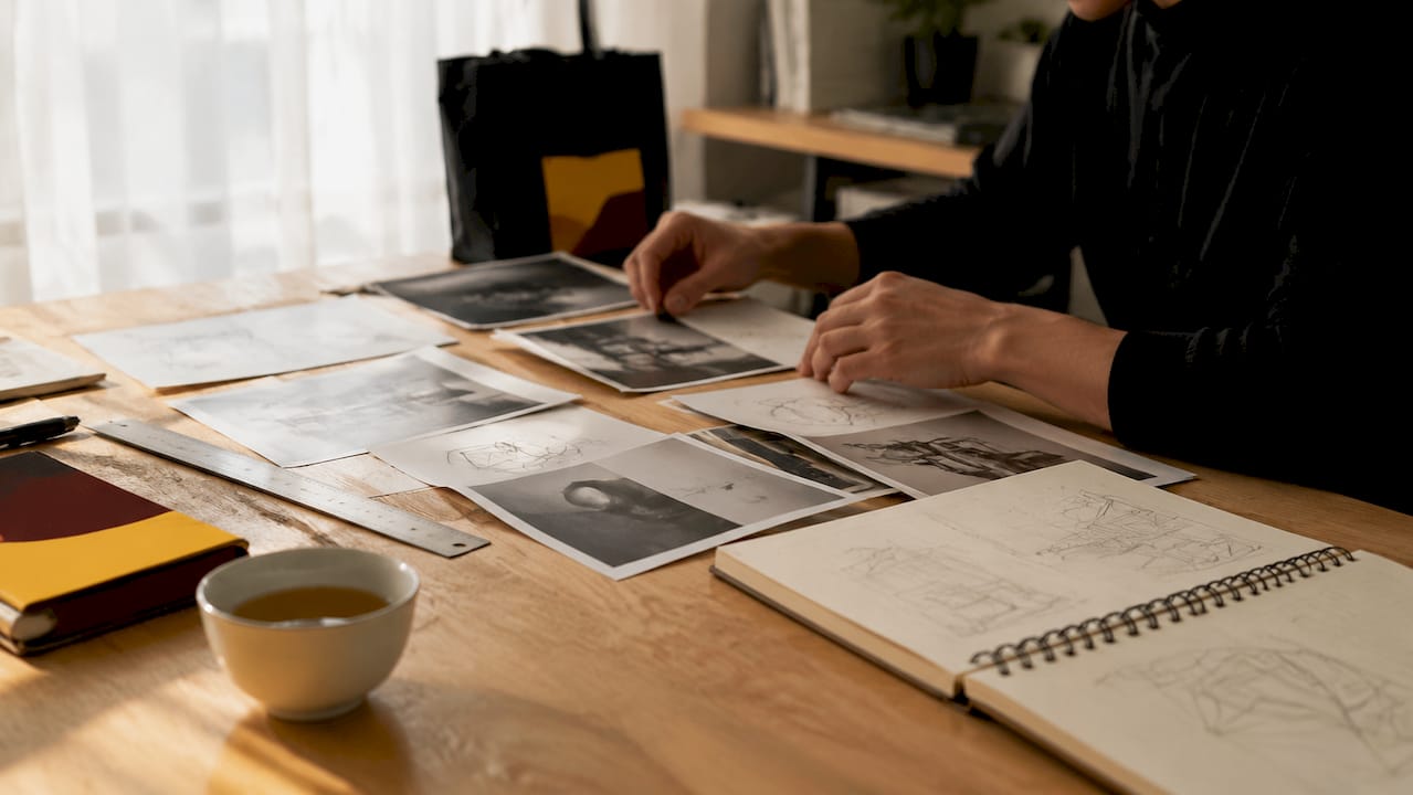Hands sorting technical drawings for 3D design