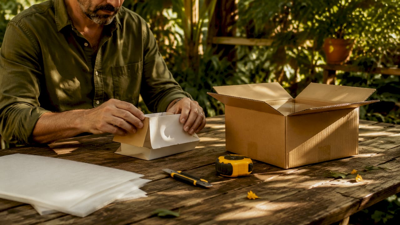 Hands folding packaging prototypes on table