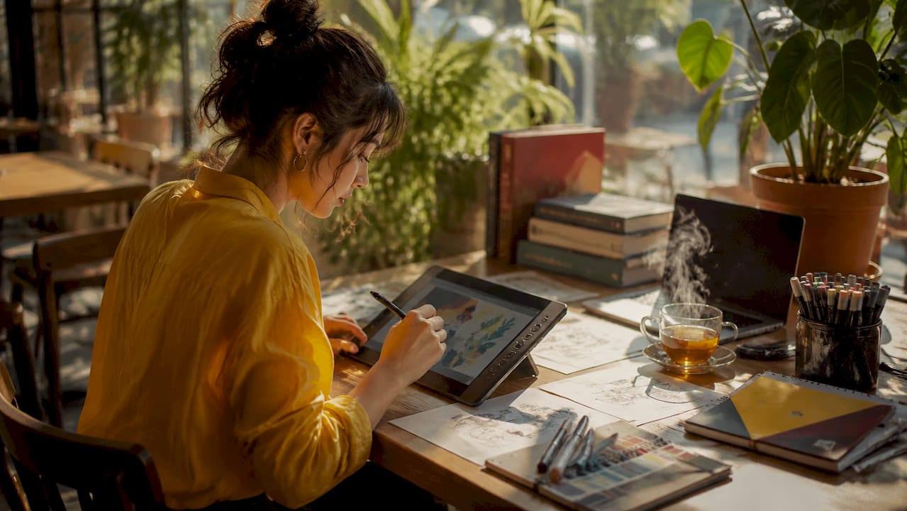 Designer working at home studio on 3D design tablet