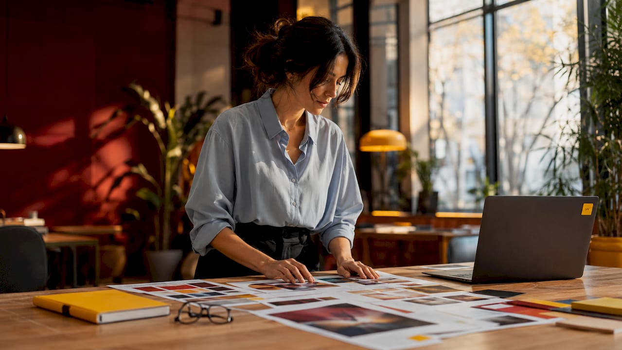 Brand manager reviewing style guides at meeting table