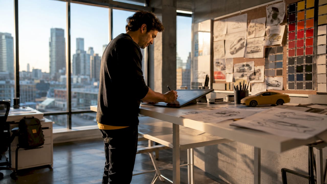 Designer sketching automotive 3D model in studio
