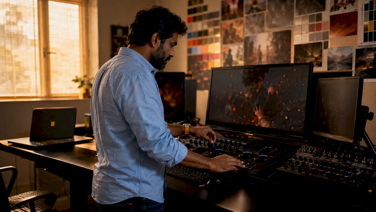 Close-up of compositor adjusting color grading console