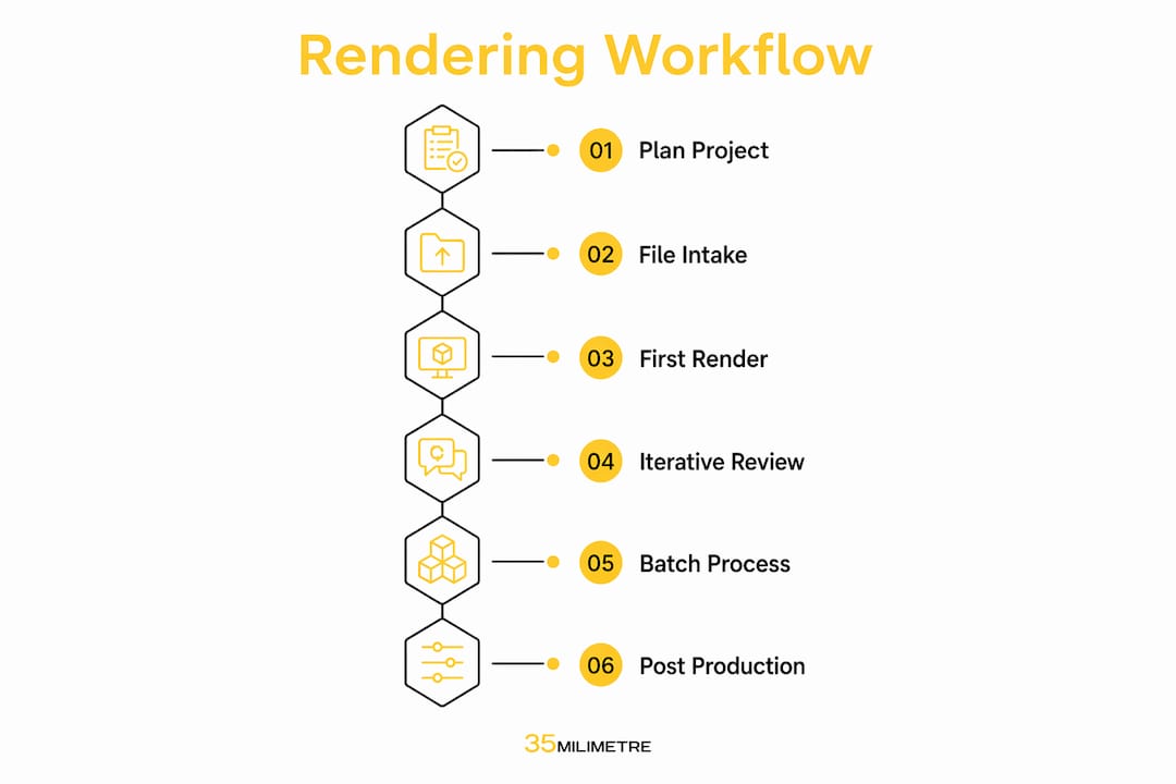 Infographic showing 3D product rendering workflow steps
