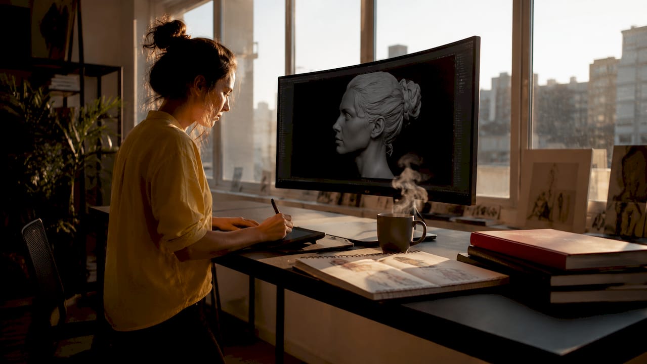 CGI artist working on 3D model at home studio desk