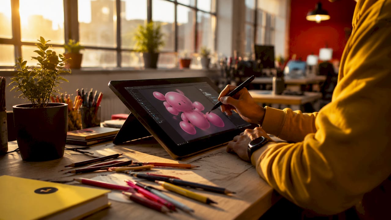 Hands coloring inflatable 3D bubblegum illustration on tablet