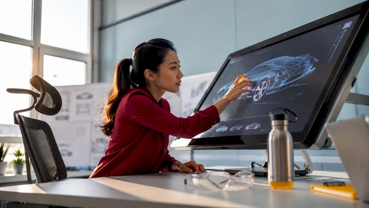 Engineer manipulating 3D car model on touchscreen
